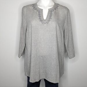 J Jill Pure Jill grey embroidered 3/4 sleeve 100% cotton tunic top S